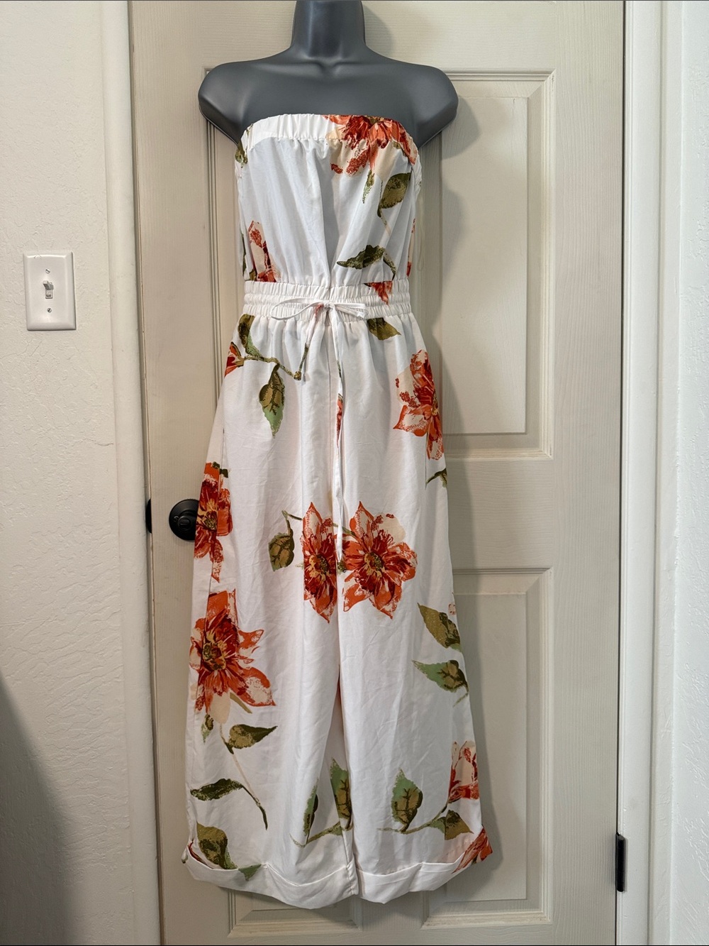 feathers White Strapless Floral Jumpsuit with Orange Blooms